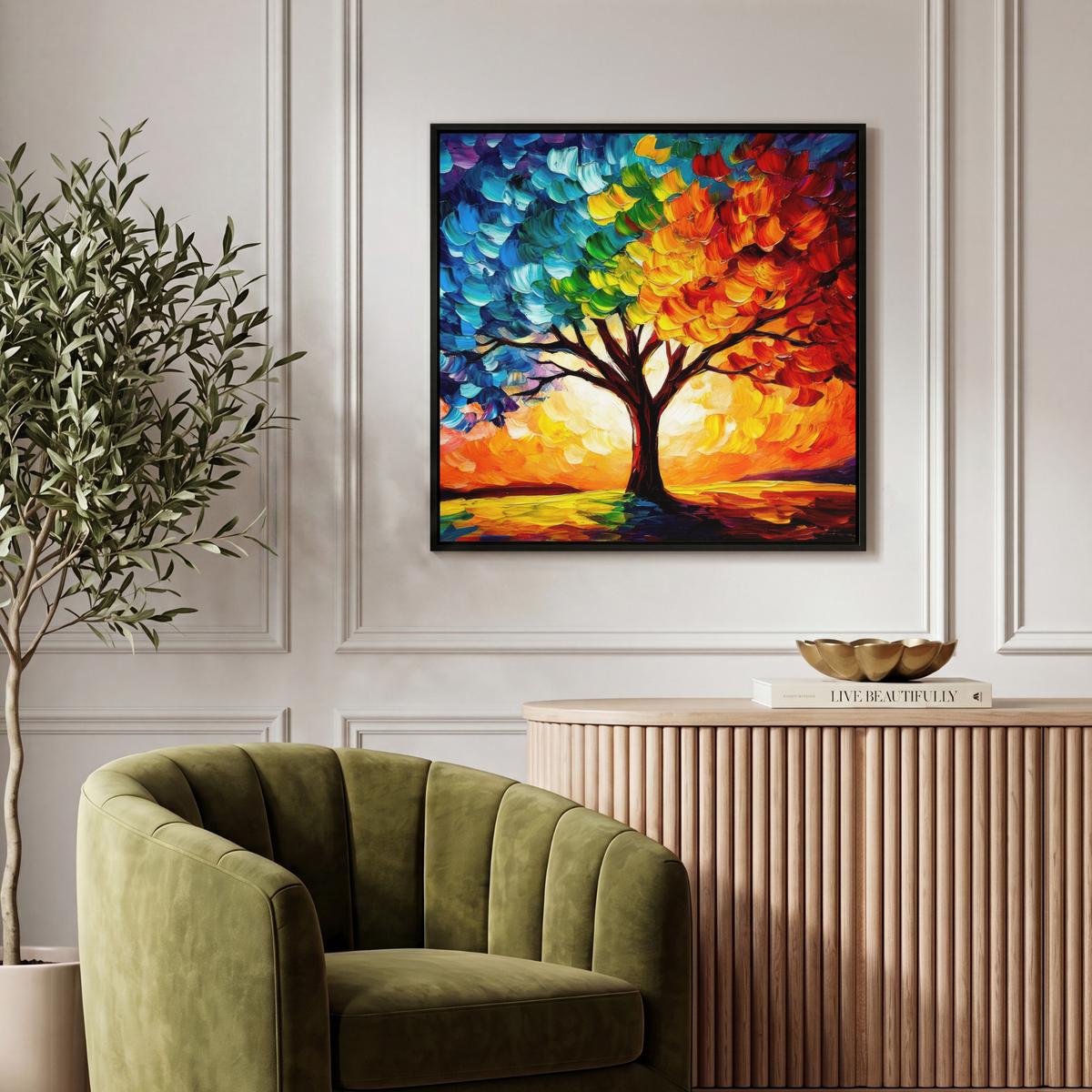 LEINWAND Bilder mit Rahmen - Baum - Kunst - Natur - Sonnenuntergang - 50x50 - Multicolor, Textil (50/50cm) - MuchoWow