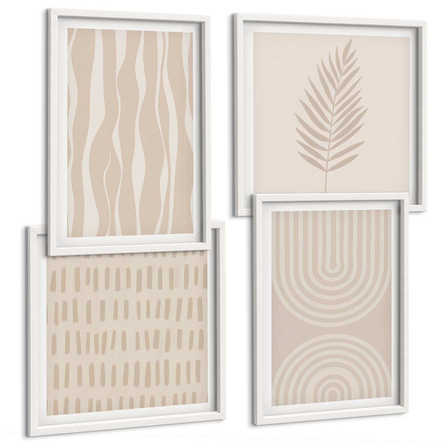 BILDER SET 4er Set - 50x50 cm & 40x60 cm Weißer Rahmen - Beige Pflanzenmuster - Weiß, Kunststoff (50/50cm) - TULUP