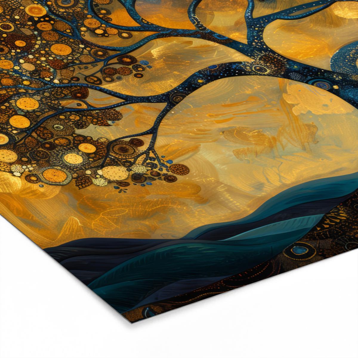POSTER MIT RAHMENGERAHMTES BILD Baum - Mond - Blumen - Gold - Kunst 120x80 cm - Orange, Papier (120/80cm) - MuchoWow