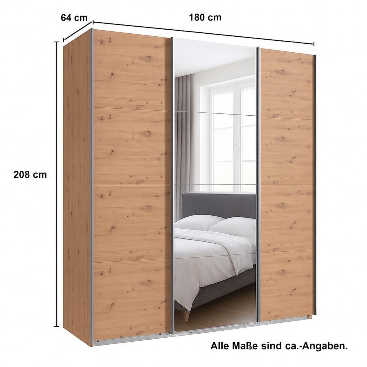 SCHWEBETÜRENSCHRANK 3-türig B180/H208/T64 cm in Eiche Artisan Dekor, Kleiderschrank mit einer Spiegeltür / 22513 - Eichefarben/Braun, Holzwerkstoff/Metall (180/208/64cm) - luma-home