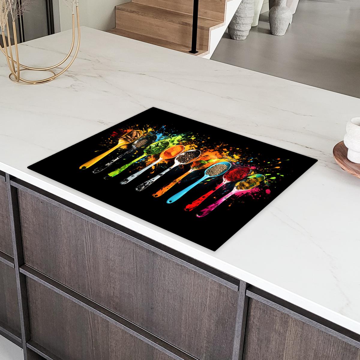 HERDABDECKPLATTE Löffel - Gewürze - Modern - Graffiti - Farbe - Farbenfroh Induktionsmatte 77x59 cm - Multicolor, Kunststoff (77/59/0.2cm) - MuchoWow