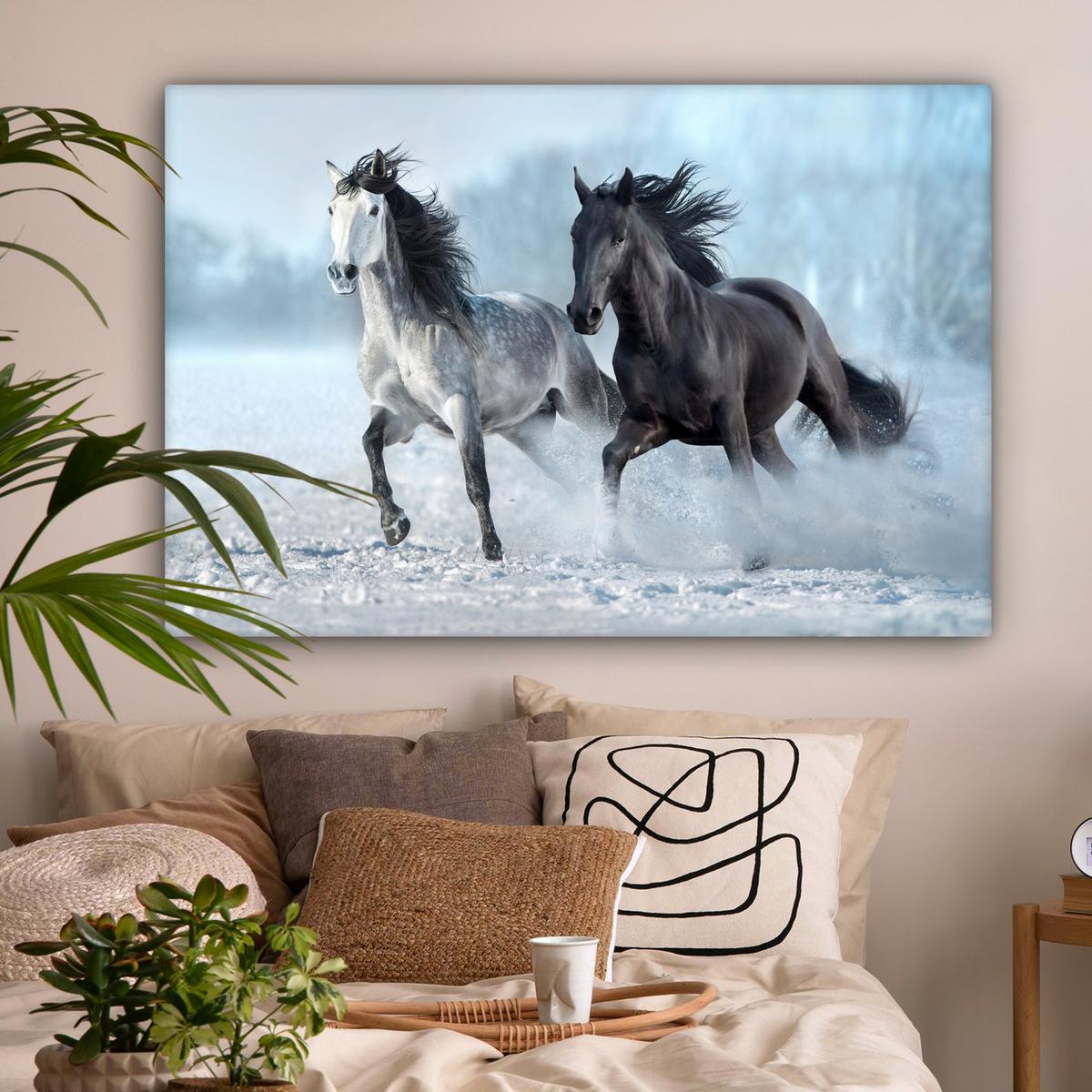 LEINWANDBILD Pferde - Winter - Tiere - Natur - Schnee Groß 140x90 cm - Anthrazit, Textil (140/90cm) - MuchoWow