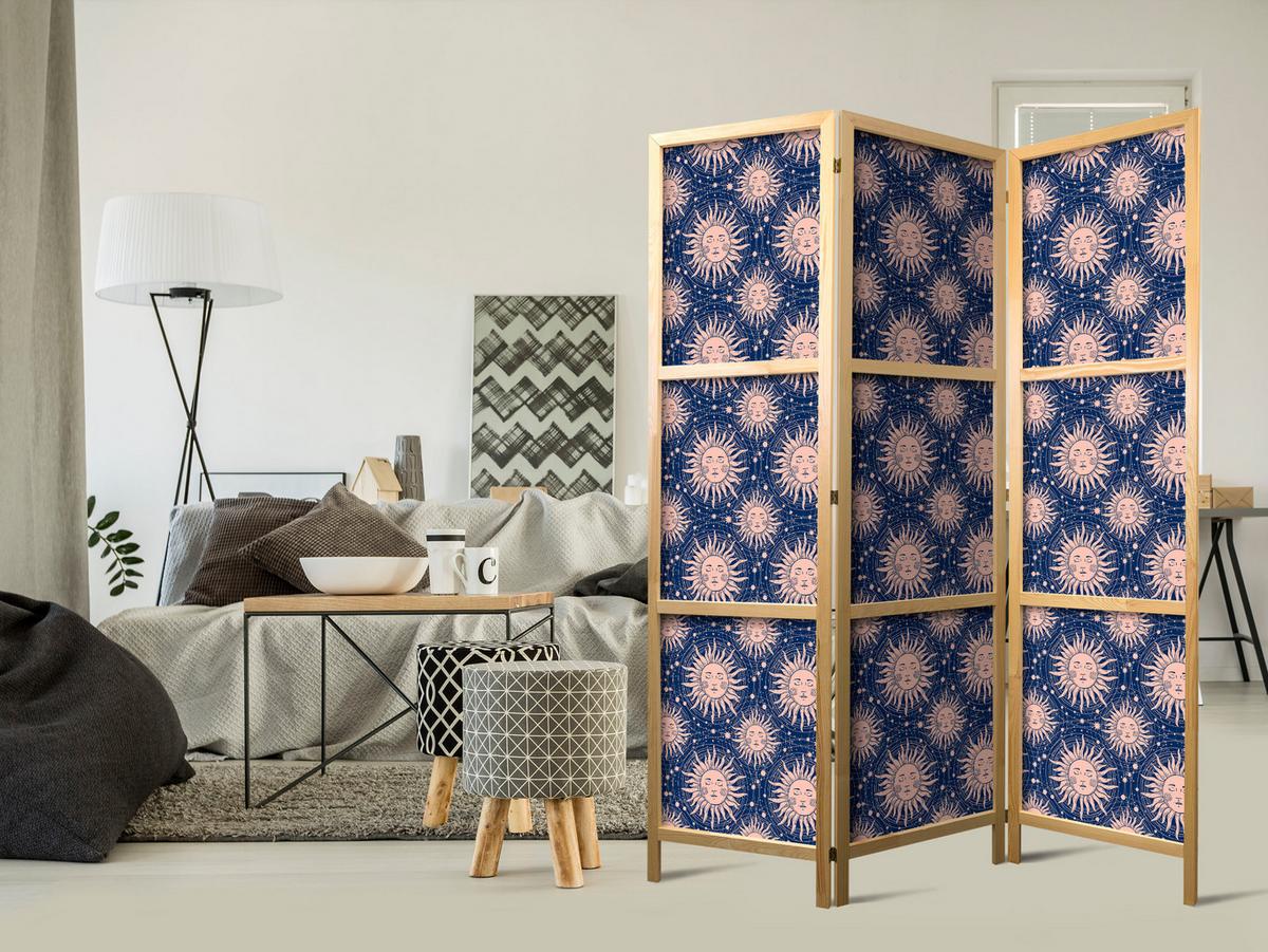 PARAVENT Japanischer 3-tlg 135x172 cm Sonnen - Blau, Holz/Textil (135/172/3cm) - Muralo