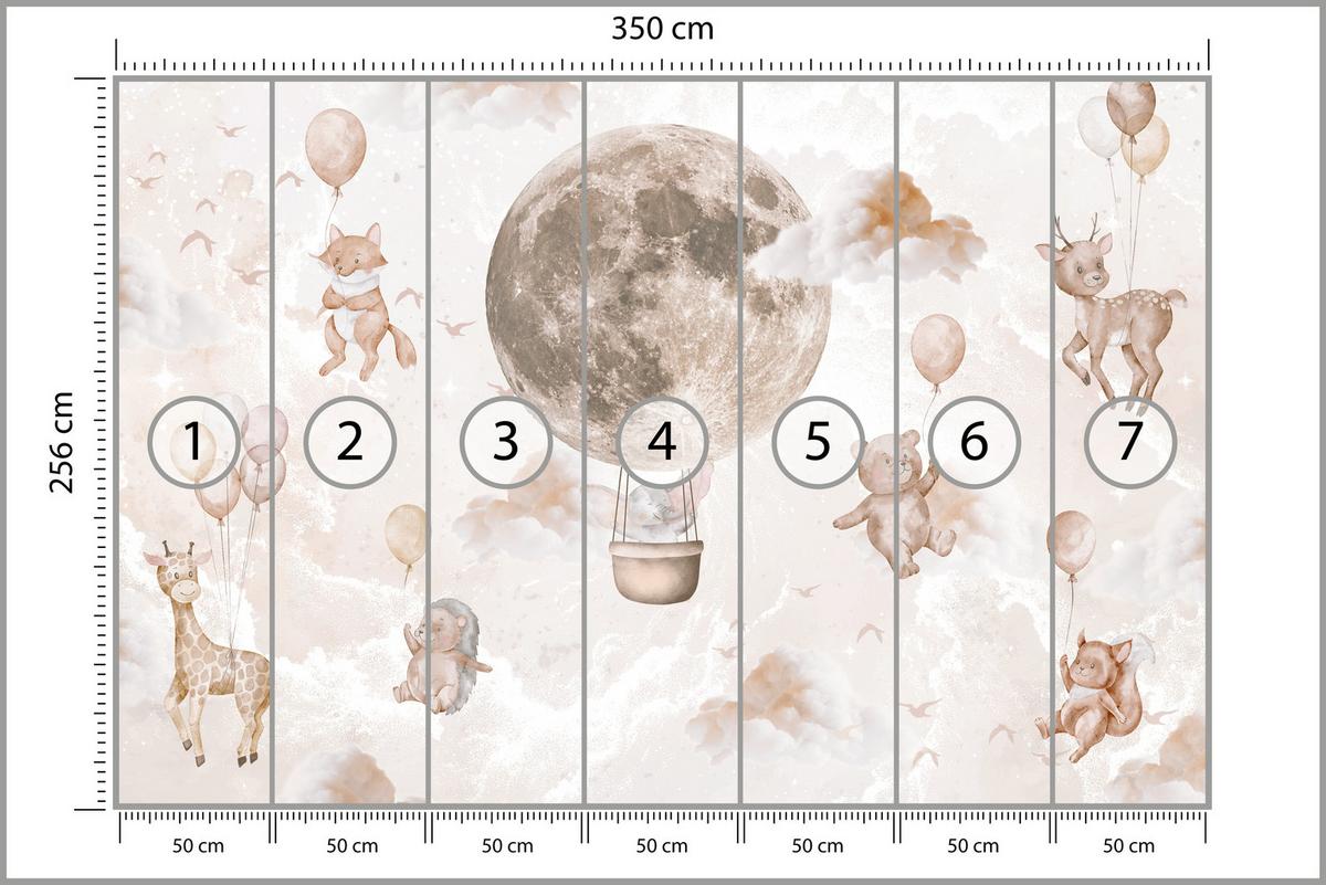 FOTOTAPETE für Kinderzimmer Mond Ballons Bär Rehkitz Giraffe Wolken 350x256 - Beige/Rosa, Papier (350/256cm) - Muralo