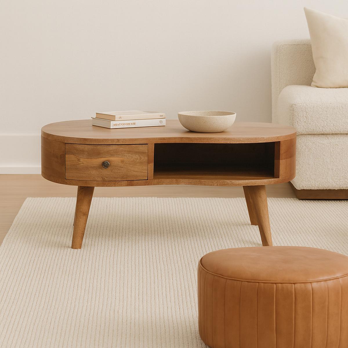 COUCHTISCH 1 Schublade, 1 offenes Fach, Nordische Beine, Beige - Messingfarben/Braun, Holz/Metall (50/80/40cm) - Artisan Furniture