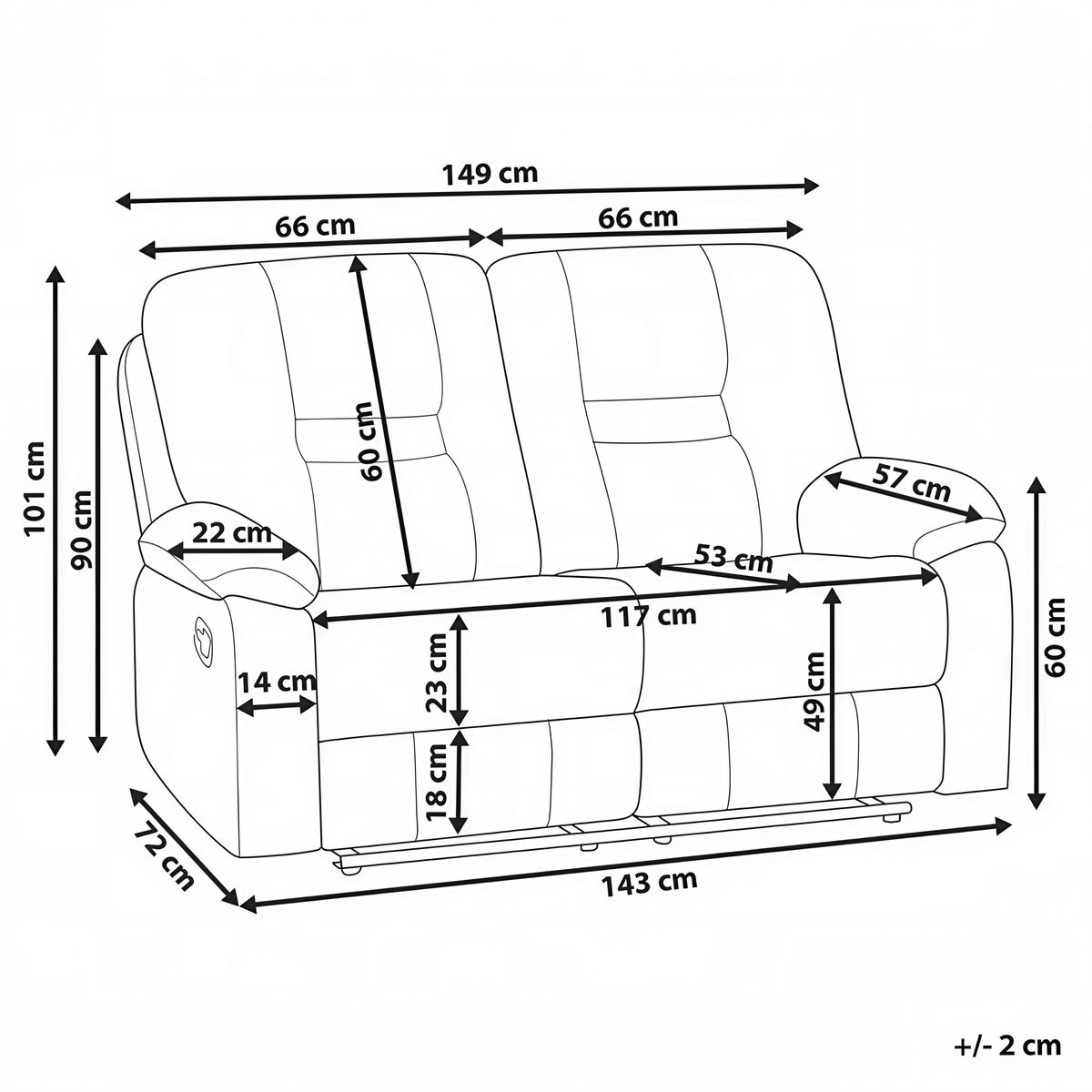 SOFA elektrisch verstellbar 2-Sitzer Samtstoff Grau Bergen - Dunkelgrau, Textil (149/101/72cm) - Beliani