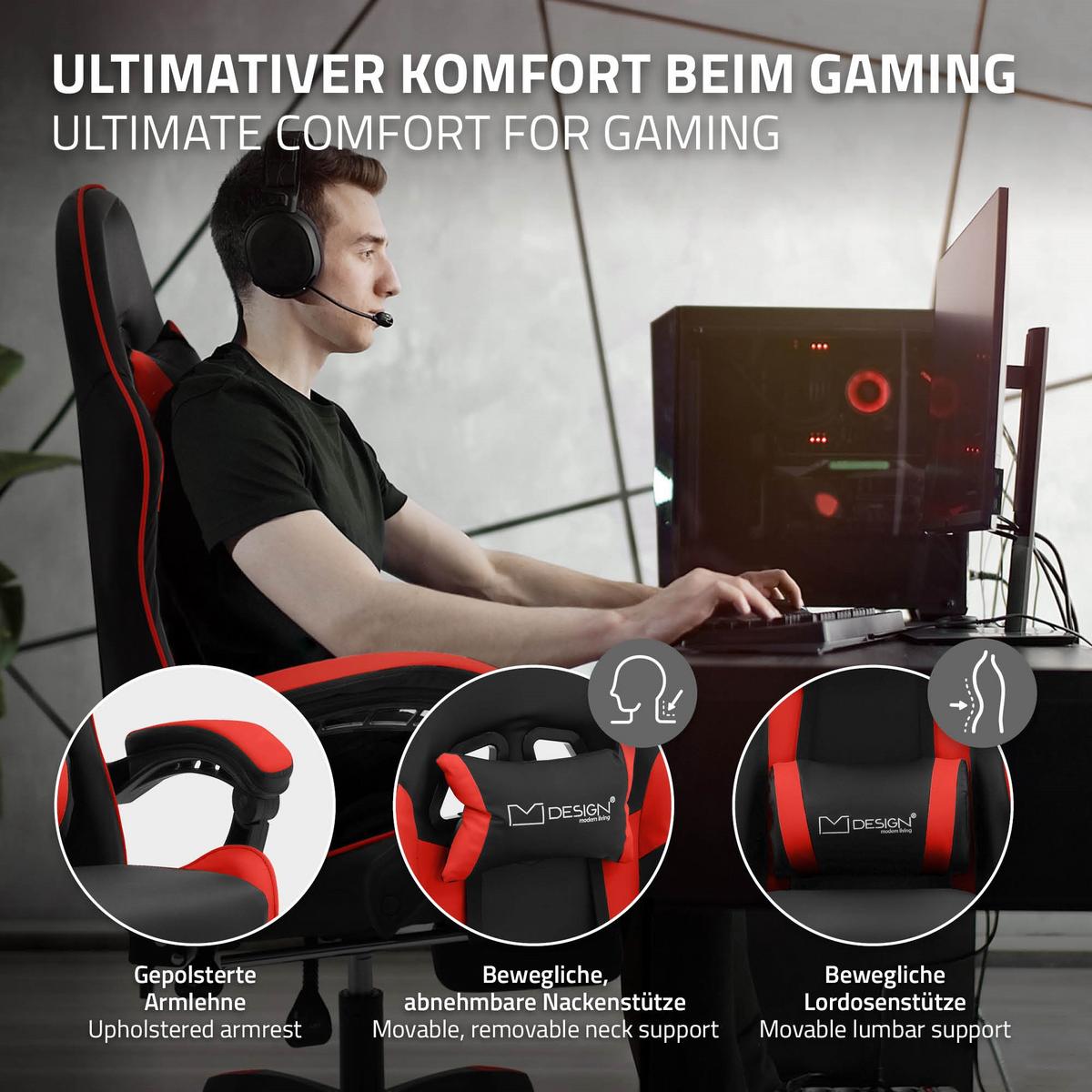 GAMINGSTUHL Schwarz-Rot aus Kunstleder - Rot/Schwarz, Kunststoff/Metall (62/119/62cm) - ML-DESIGN