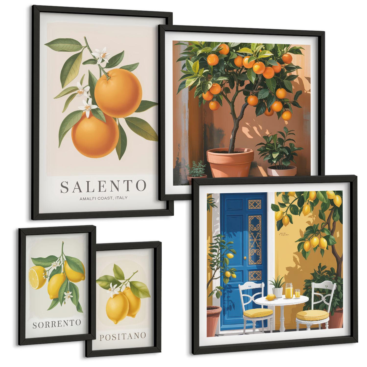 BILDER SET 5er Set - 50x50 cm & 20x30 cm & 40x60 cm Schwarzer Rahmen - Zitronenorange Blütenmuster - Schwarz, Kunststoff (40/60cm) - TULUP