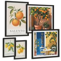 BILDER SET 5er Set - 50x50 cm & 20x30 cm & 40x60 cm Schwarzer Rahmen - Zitronenorange Blütenmuster - Schwarz, Kunststoff (40/60cm) - TULUP