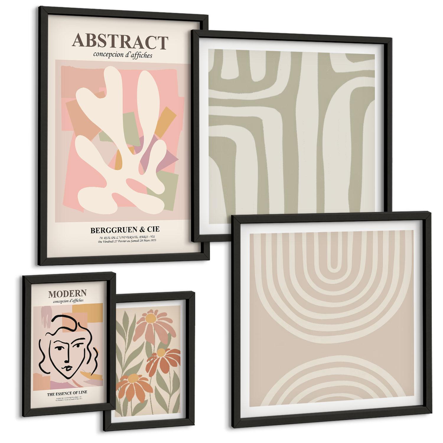 BILDER SET 5er Set - 50x50 cm & 20x30 cm & 40x60 cm Schwarzer Rahmen - Abstrakte Pflanzenformen - Schwarz, Kunststoff (40/60cm) - TULUP