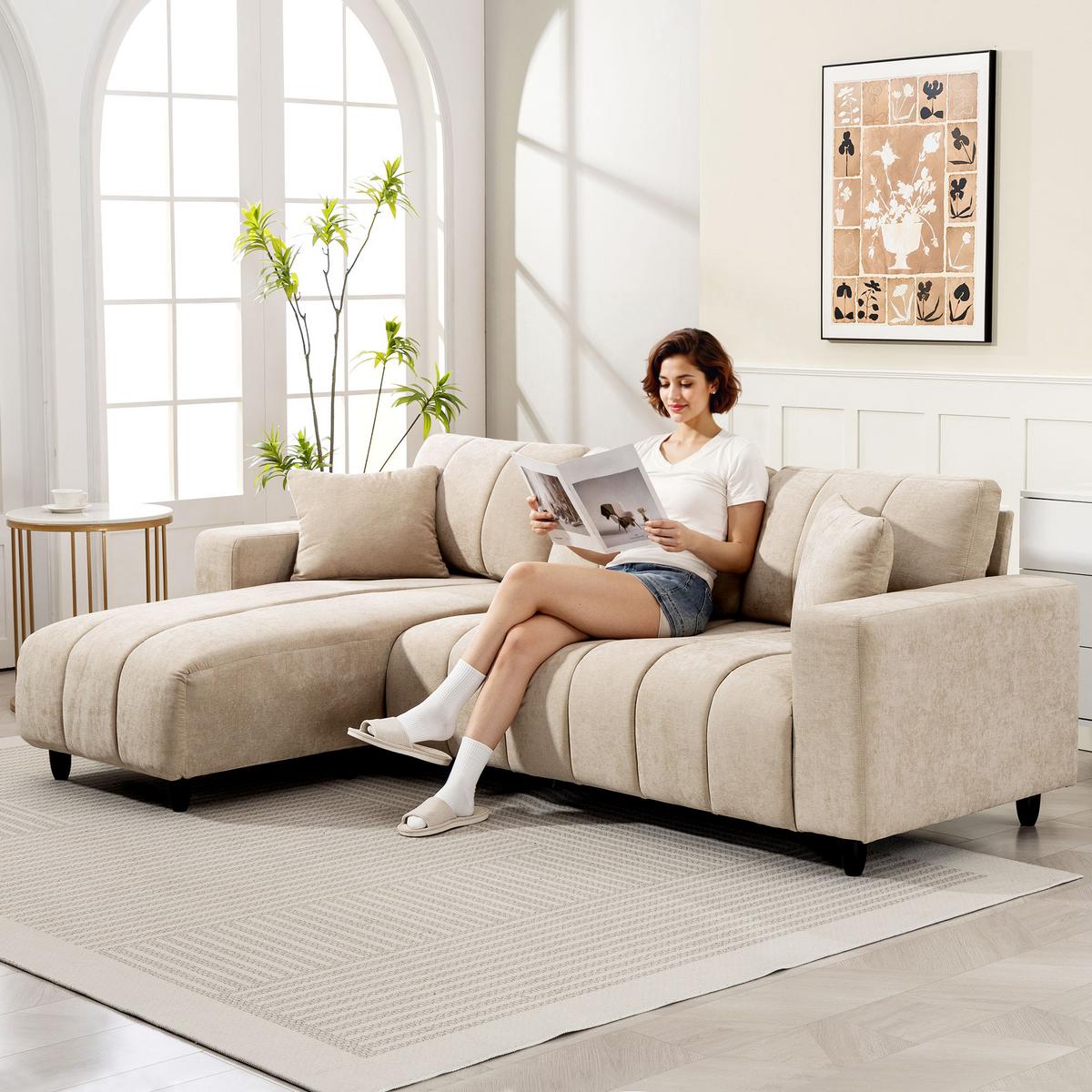 ECKSOFA Polyester Stahl Beige - Beige/Schwarz, Kunststoff/Textil (156/242cm) - HOMCOM