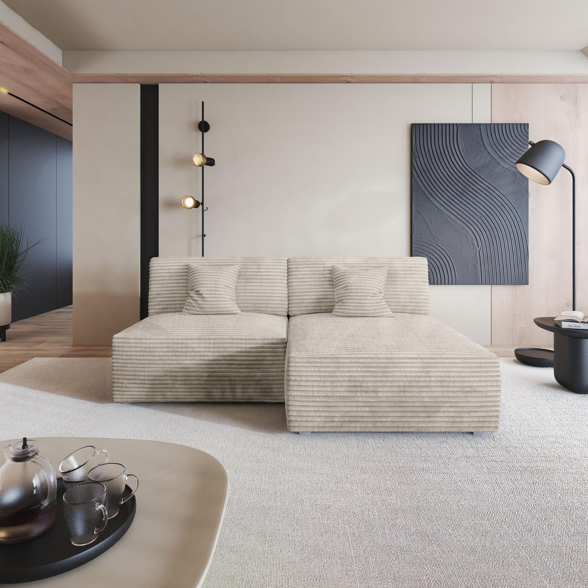 ECKSOFA FIORO Creme Kordstoff mit Schlaffunktion - Creme, Holz (204/148cm) - MASSENO