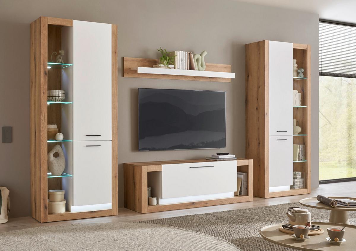 WOHNWAND weiß matt, Evoke Eiche, Wohnkombination Set 4-teilig 350 cm - Eichefarben/Silberfarben, Glas/Holzwerkstoff (350/195/43cm) - Furn.Design