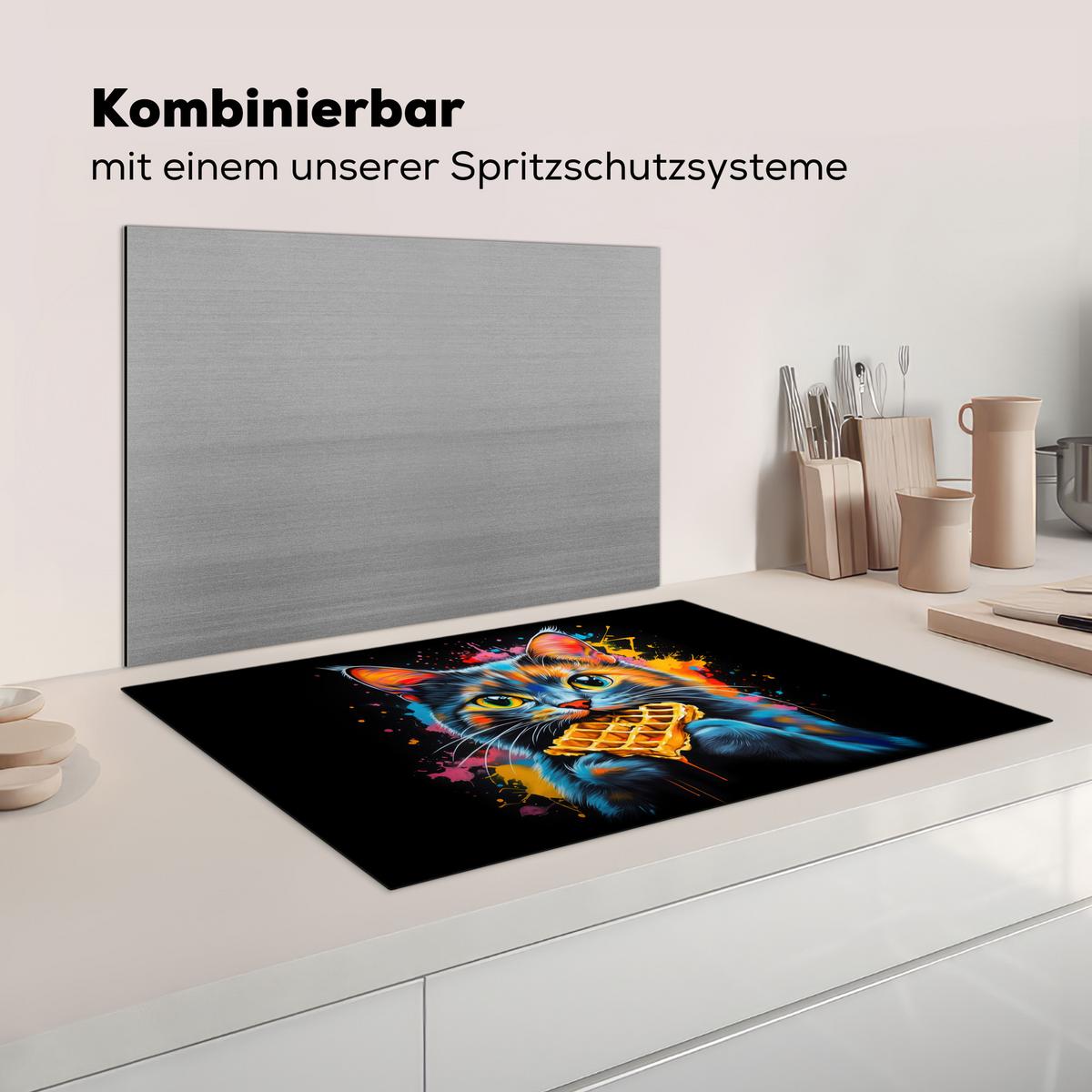 HERDABDECKPLATTE Katze - Graffiti - Bunt - Waffel - Essen Induktionsmatte 81x52 cm - Multicolor, Kunststoff (81/52/0.2cm) - MuchoWow