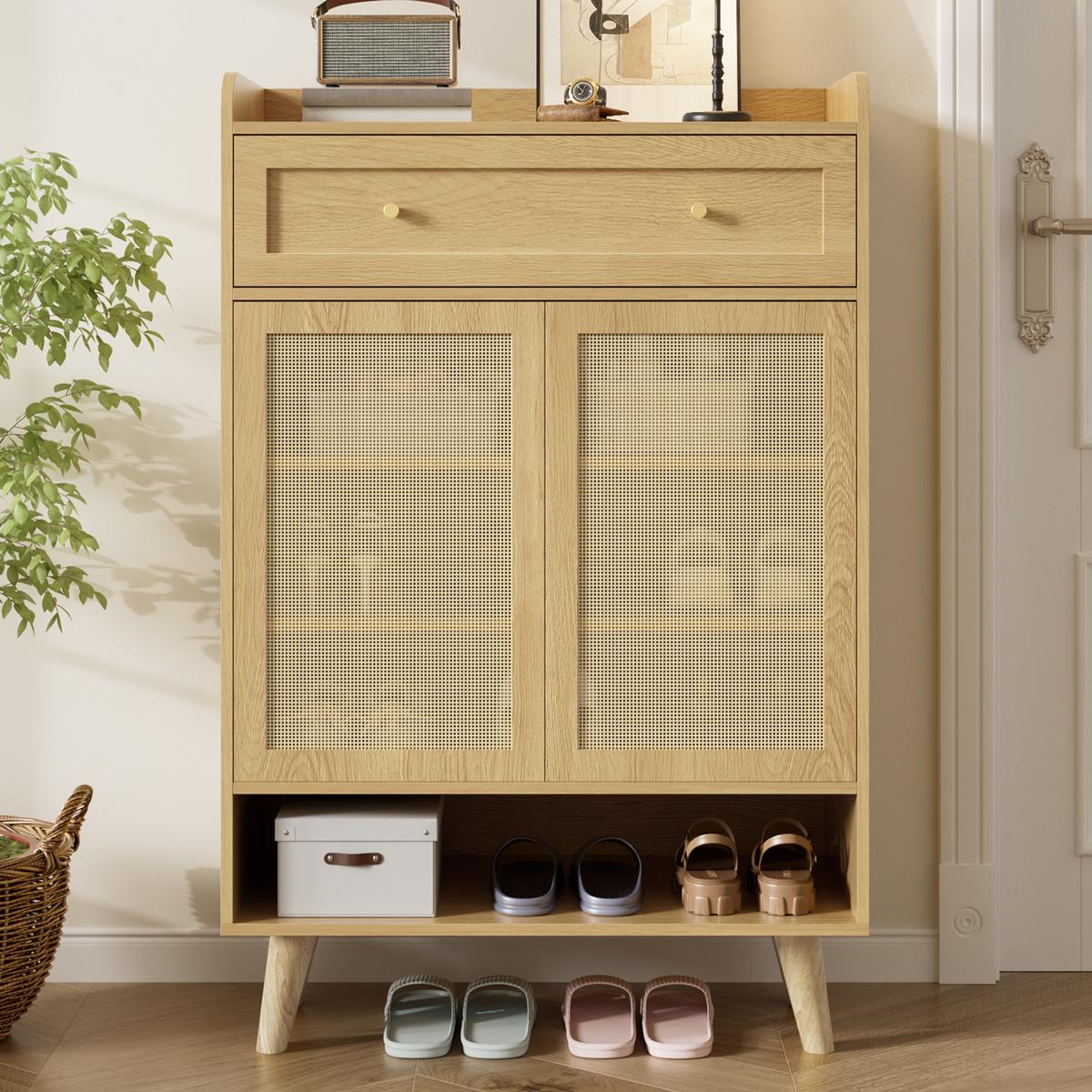 SCHUHSCHRANK Rattan Optik Eiche Hell mit Schublade & 2 Türen - Eichefarben, Holzwerkstoff (80/105/35cm) - Urban Meuble