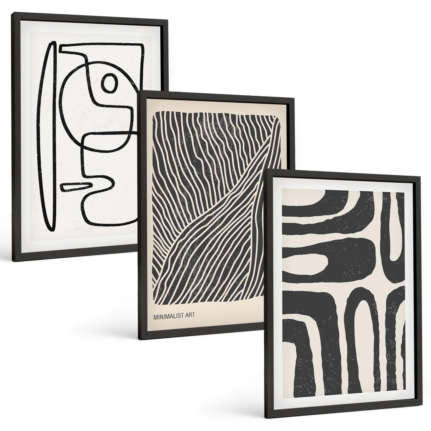 BILDER SET 3er Set - 40x60 cm Schwarzer Rahmen - Abstrakte Muster, Linien, Texturen - Schwarz, Kunststoff (40/60cm) - TULUP