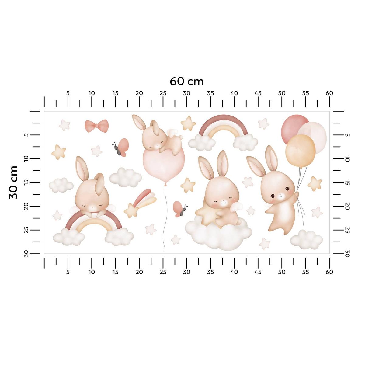WANDAUFKLEBER SET Kaninchen Sternen Wolken Regenbogen 60x30 - Beige/Rot, Papier (60/30/1cm) - Muralo