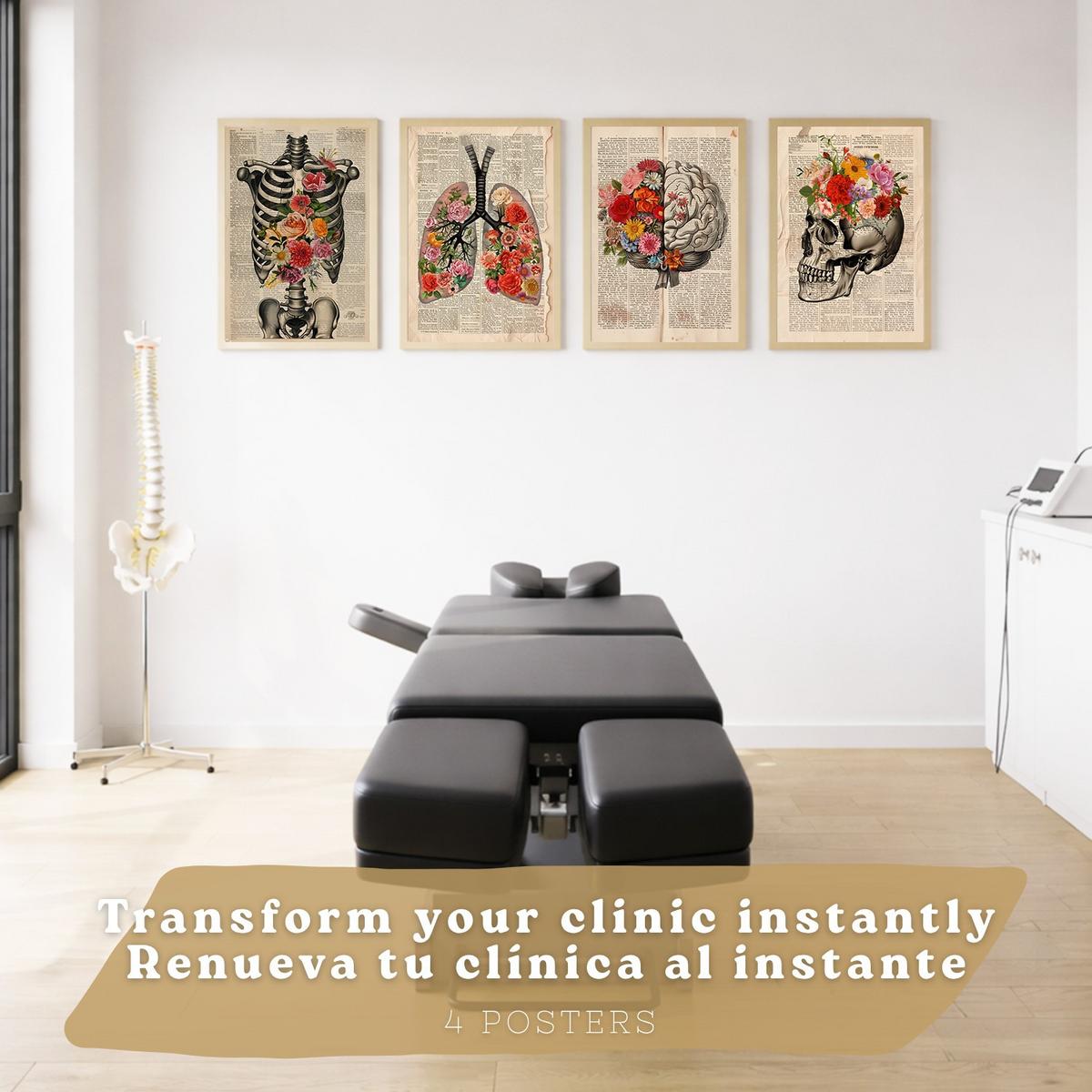 POSTER Set aus 4 Vintage Anatomie und Wandbilder mit Rippen Wirbelsäule Lungen Luftröhre Bronchien Gehirn und Schädel Größe Leichter Holzrahmen A4 - Beige, Papier (21/29.7/3cm) - Nacnic