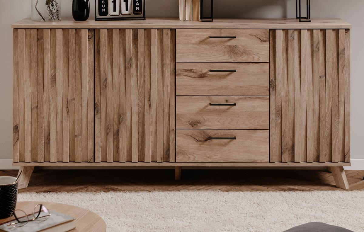 SIDEBOARD Eiche 175 cm, Kommode mit Push-to-Open und viel Stauraum - Eichefarben/Messingfarben, Holzwerkstoff/Metall (175/85/40cm) - Furn.Design