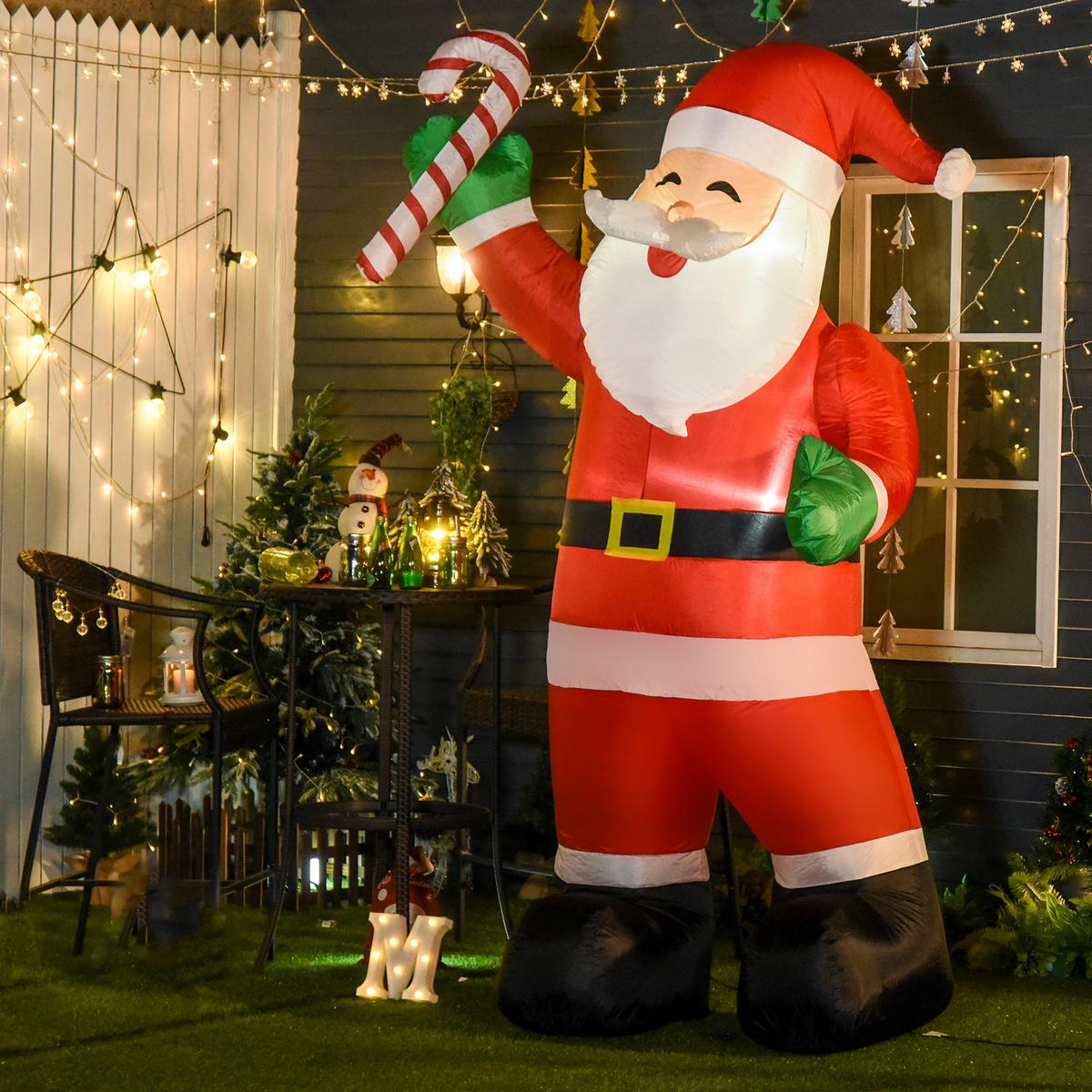 WEIHNACHTSDEKO aufblasbar, 2,4 m Weihnachtsmann mit LED-Beleuchtung Zuckerstange - Rot, Textil (95/243/125cm) - HOMCOM