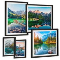 BILDER SET 5er Set - 50x50 cm & 20x30 cm & 40x60 cm Schwarzer Rahmen - Spiegelung des Waldes in Bergseen - Schwarz, Kunststoff (40/60cm) - TULUP