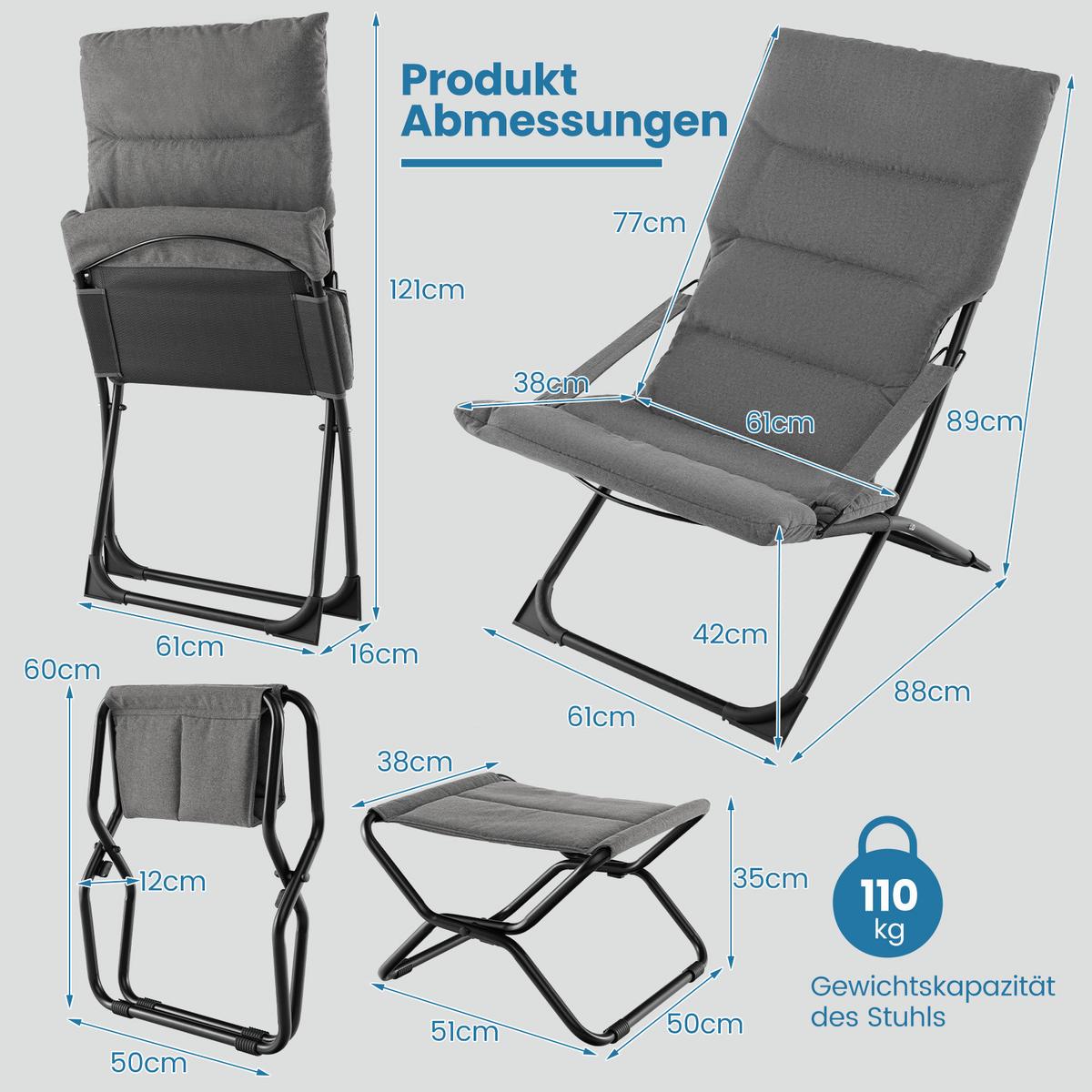 LIEGESTUHL mit Fußhocker Grau - Grau, Metall (121/16/61cm) - COSTWAY