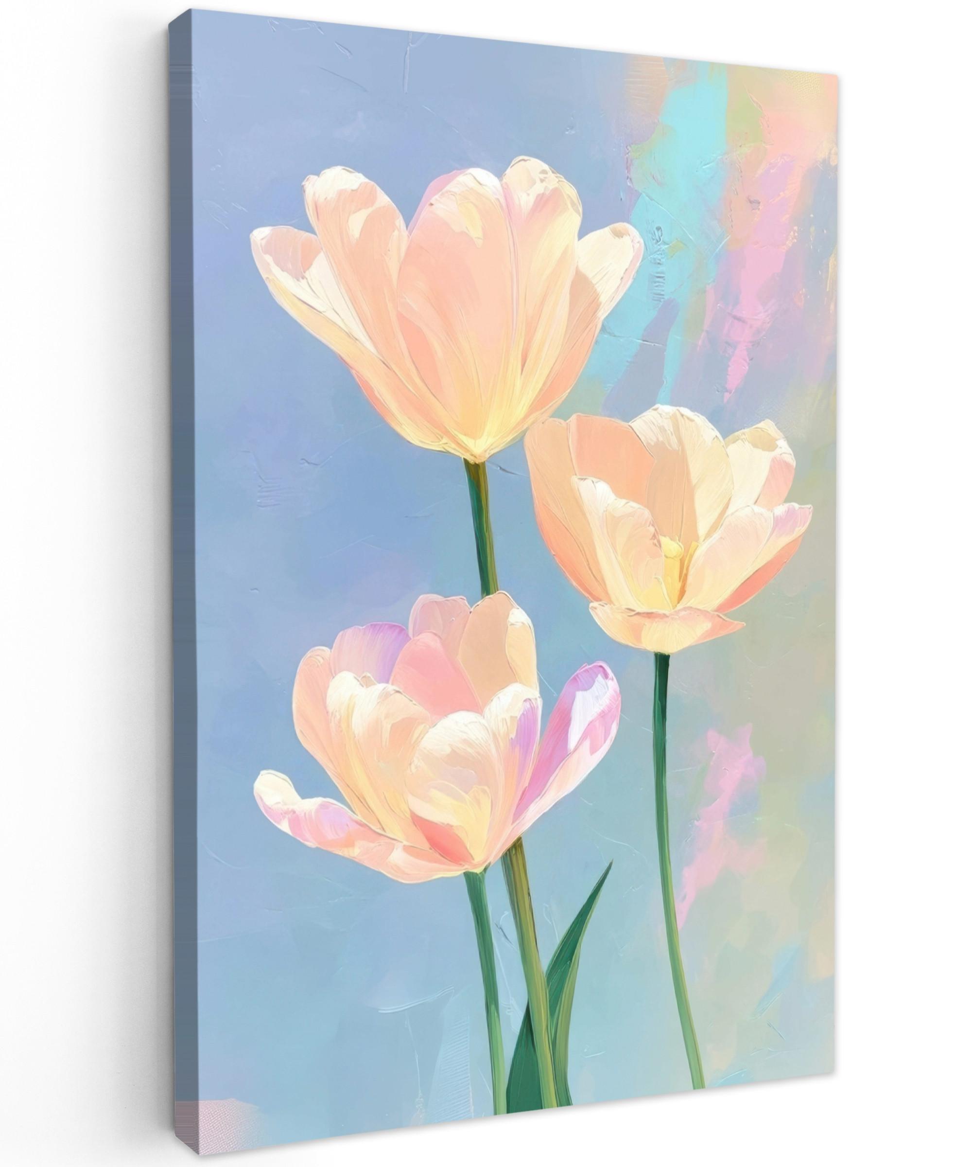 LEINWANDBILD Tulpen - Rosa Akzente - Blau Deko XXL 80x120 cm - Pastellblau, Textil (80/120cm) - MuchoWow