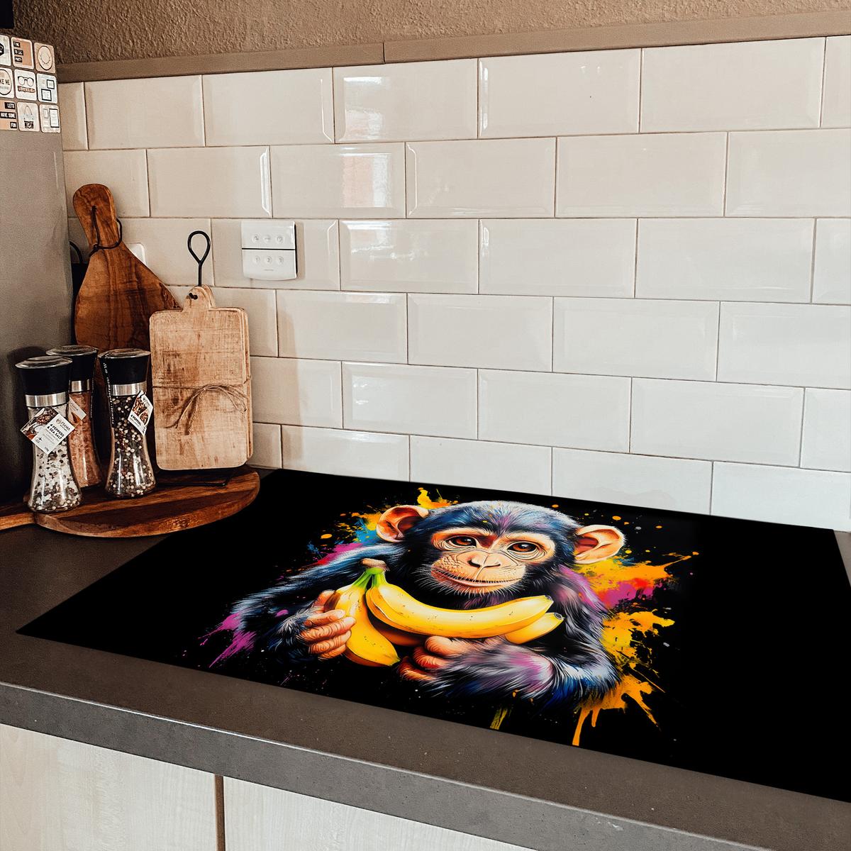 HERDABDECKPLATTE Affe - Graffiti - Farbenfroh - Bananen - Modern Ceranfeldabdeckung 85x52 cm - Gelb, Kunststoff (85/52/0.2cm) - MuchoWow