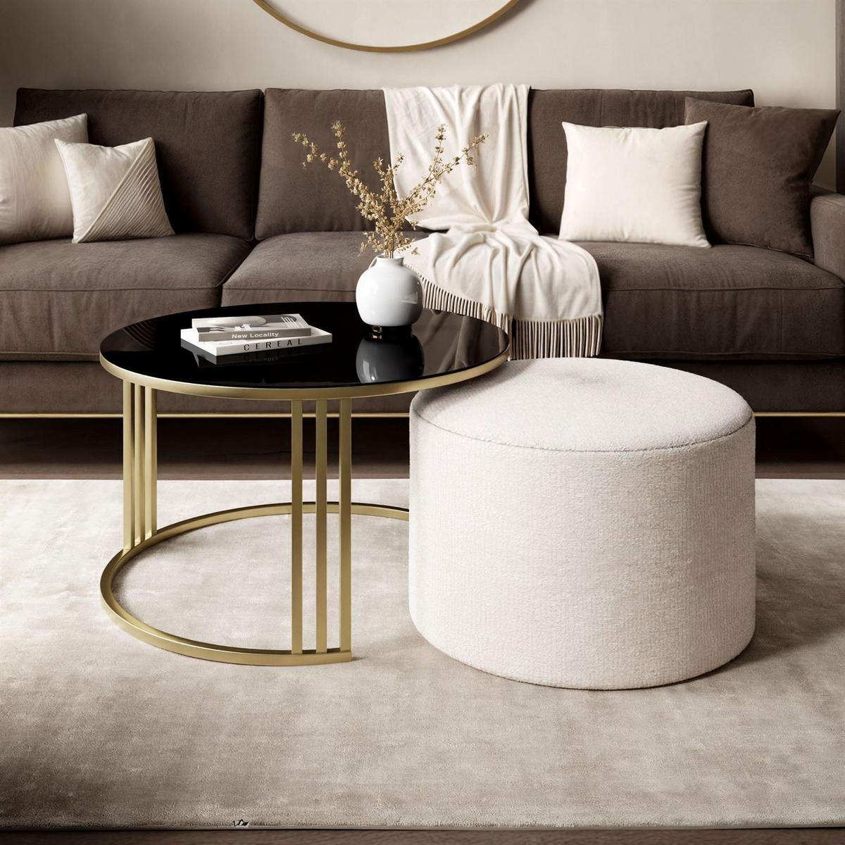 COUCHTISCH mit Hocker LORI GLASS gebürstetes Gold/schwarzes Glas/Perfect Harmony 01 - Weiß, Metall (70/70/49cm) - Lookway