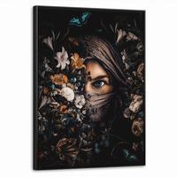 LEINWAND Bilder mit Rahmen - Frau - Luxus - Blumen - Schmetterling - Porträt - 60x80 - Schwarz, Textil (60/80cm) - MuchoWow