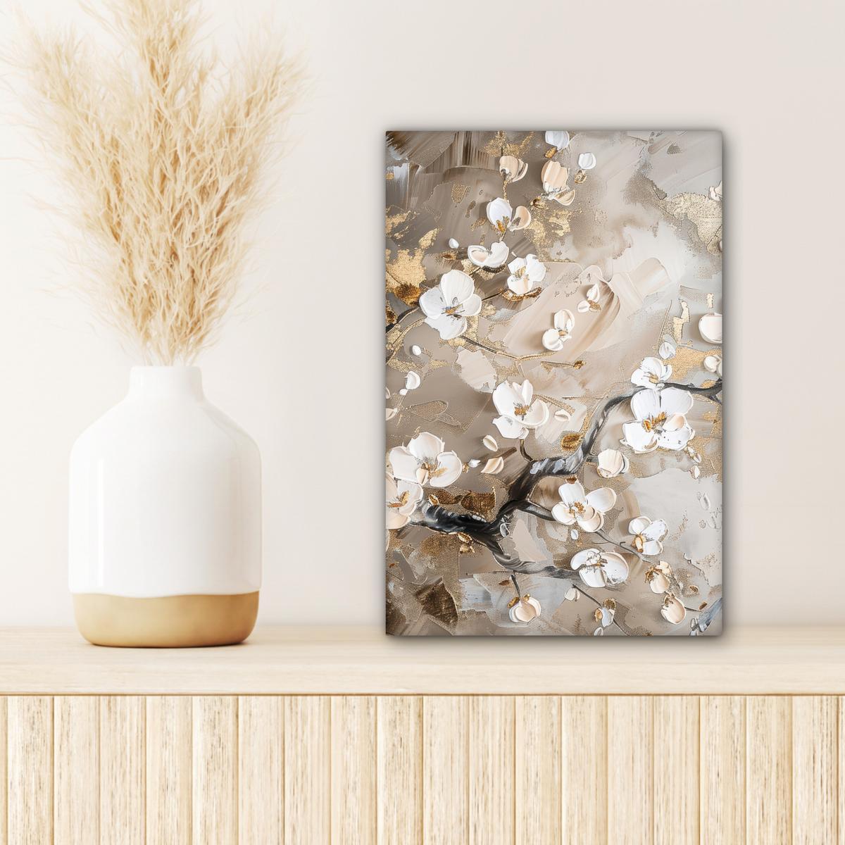 LEINWANDBILD Blumen - Weiß - Gold - Beige - Luxus Deko Wohnzimmer 20x30 cm - Greige, Textil (20/30cm) - MuchoWow