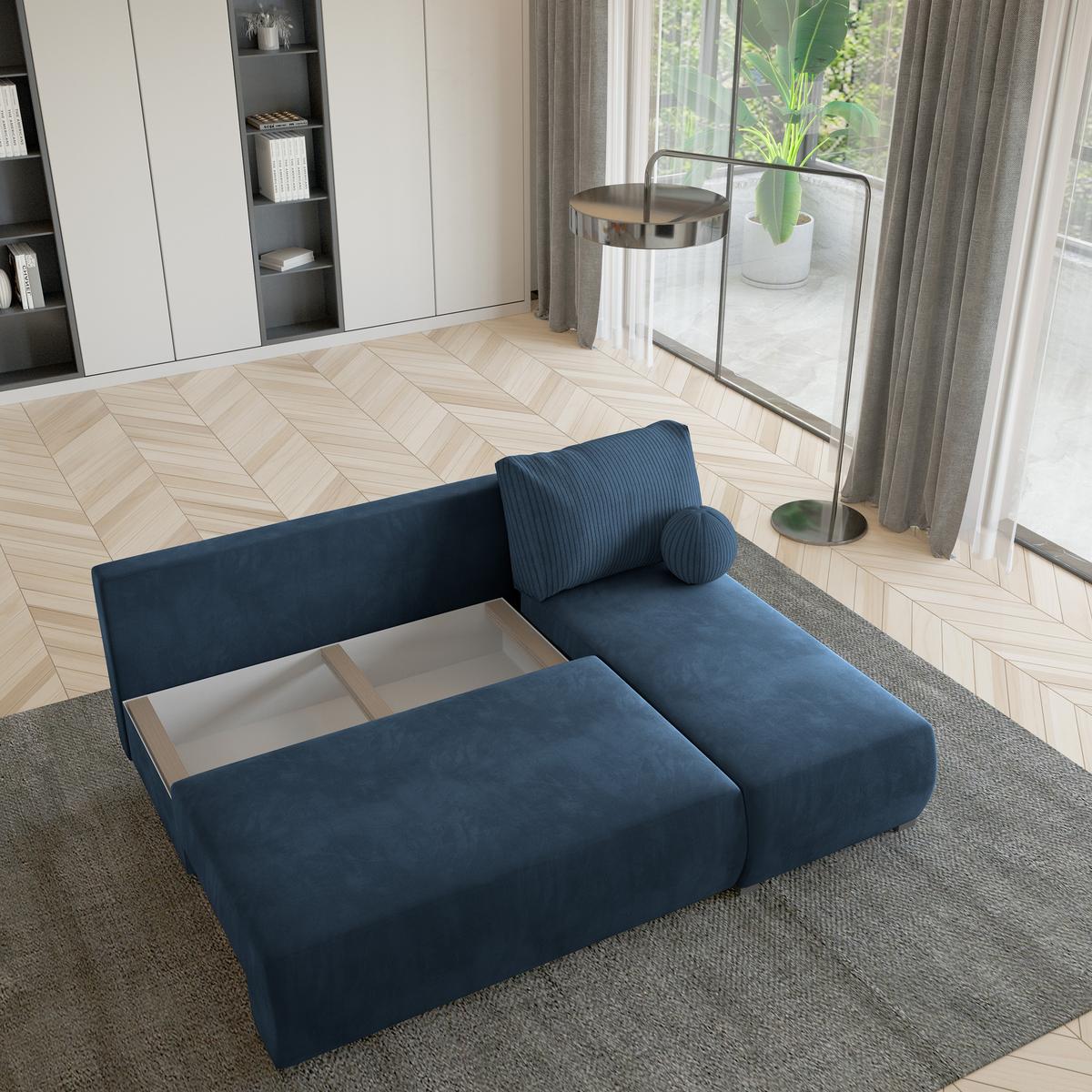 ECKSOFA PARVELO Blau Plüsch-Stoff mit Schlaffunktion - Blau, Holz (200/143cm) - MASSENO