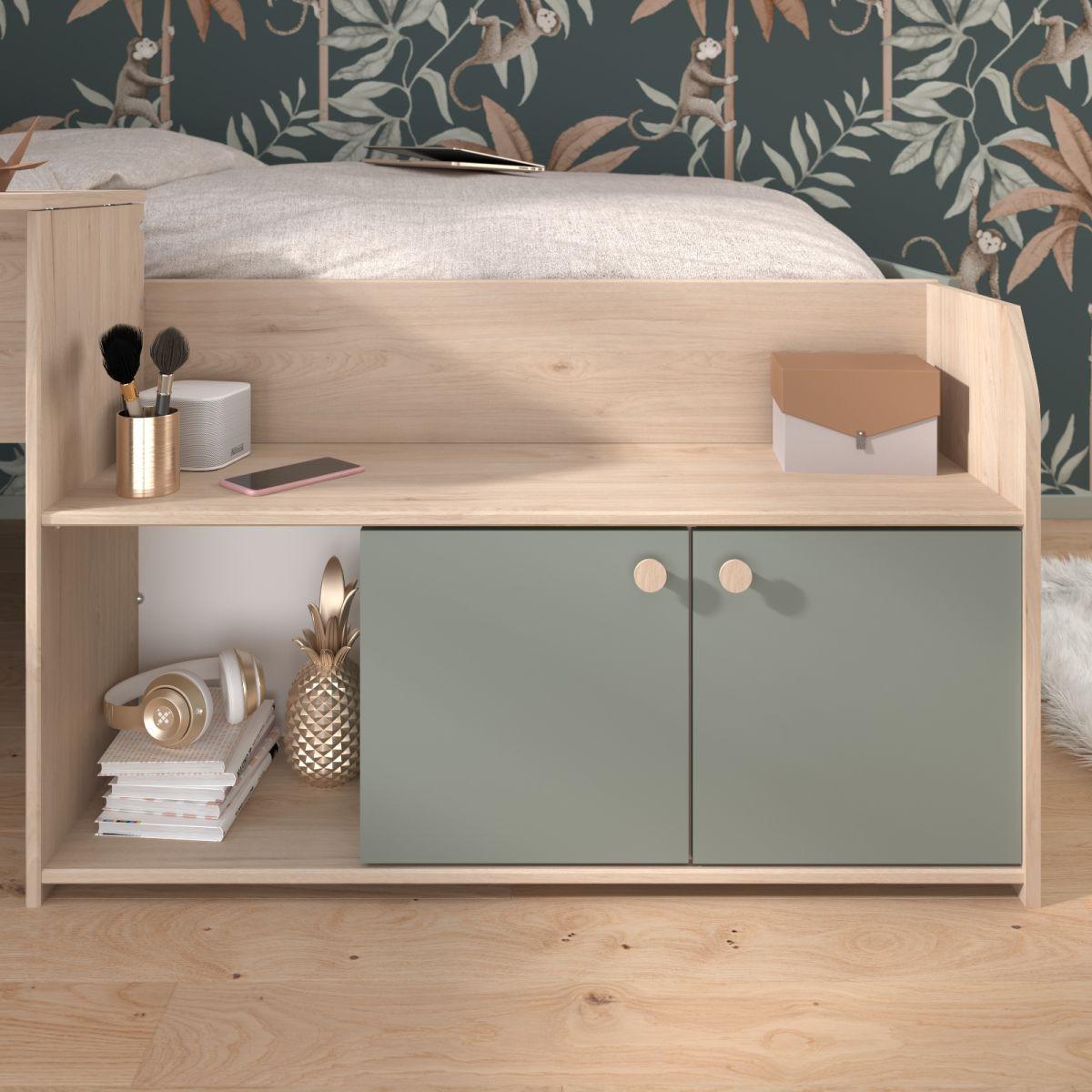 HOCHBETT Eiche, Salbei Grün, Stauraum-Bett für Kinder- und Jugendzimmer, 90 x 200 - Salbeigrün/Eichefarben, Holzwerkstoff (90/200cm) - Parisot Meuble