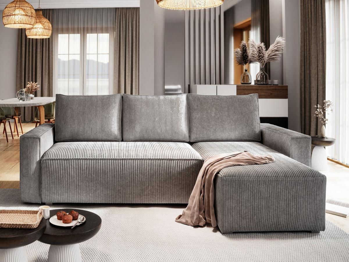ECKSOFA POTARO Hellgrau Kordstoff mit Schlaffunktion - Hellgrau/Grau, Holz/Kunststoff (232/140cm) - MASSENO