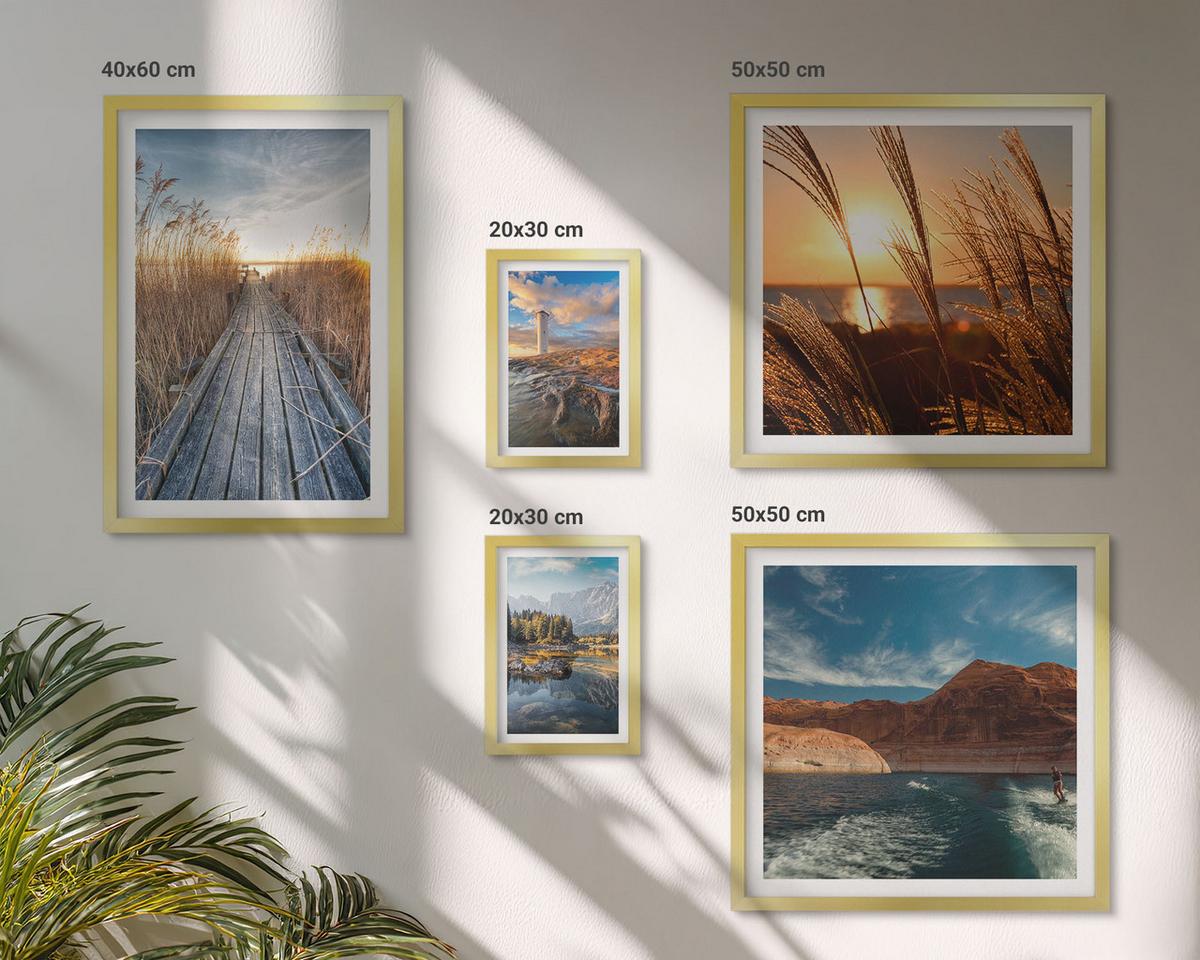 BILDER SET 5er Set - 50x50 cm & 20x30 cm & 40x60 cm Goldrahmen - Leuchtturm-Grassteg - Goldfarben, Kunststoff (40/60cm) - TULUP
