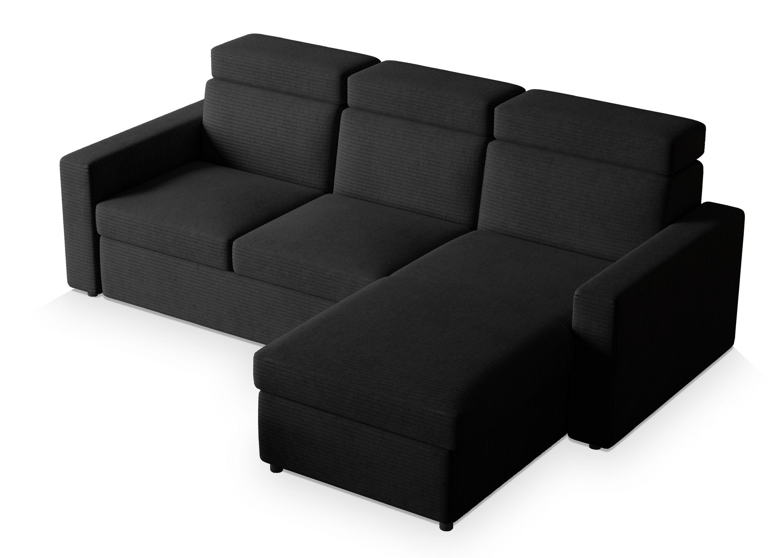 ECKSOFA PADWA Schwarz Kordstoff mit Schlaffunktion - Schwarz, Holz/Kunststoff (227/168cm) - MASSENO