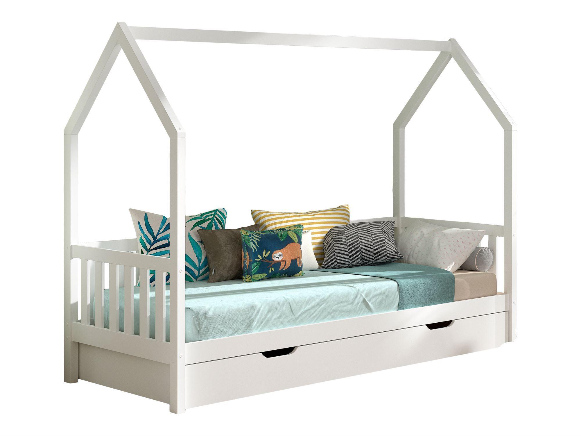 HAUSBETT Kandace 90x200 Kiefer massiv weiß mit Dachaufbau & Schublade - Weiß, Holz (90/200cm) - 58aufmkessel