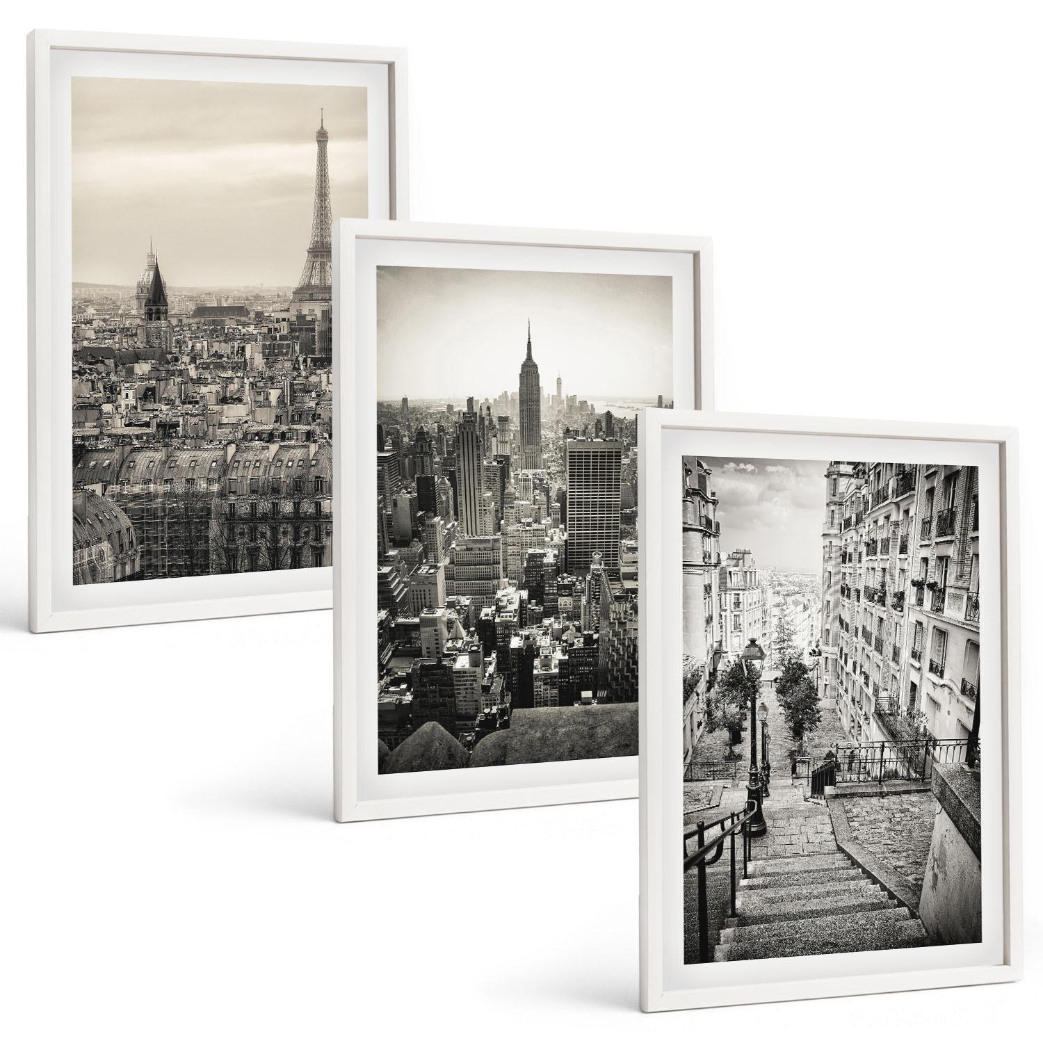 BILDER SET 3er Set - 40x60 cm Weißer Rahmen - Aussicht Paris New York Treppen - Weiß, Kunststoff (40/60cm) - TULUP