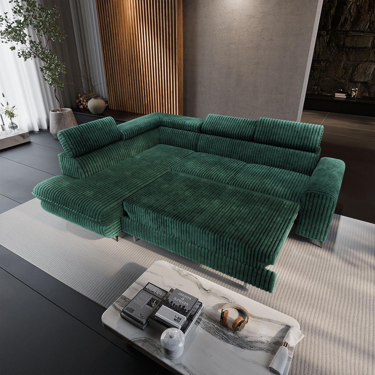 ECKSOFA VELISS Grün Kordstoff mit Schlaffunktion - Grün, Holz (255/193cm) - MASSENO