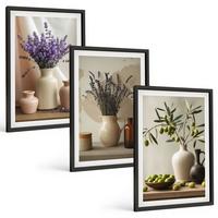 BILDER SET 3er Set - 40x60 cm Schwarzer Rahmen - Lavendelblüten, Oliven, Gefäße - Schwarz, Kunststoff (40/60cm) - TULUP