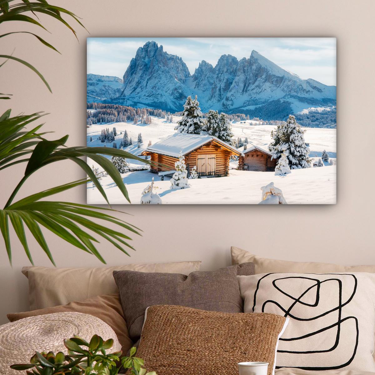 LEINWANDBILD Winter - Hütte - Berge - Aussicht - Schnee Wanddeko 90x60 cm - Eichefarben, Textil (90/60cm) - MuchoWow