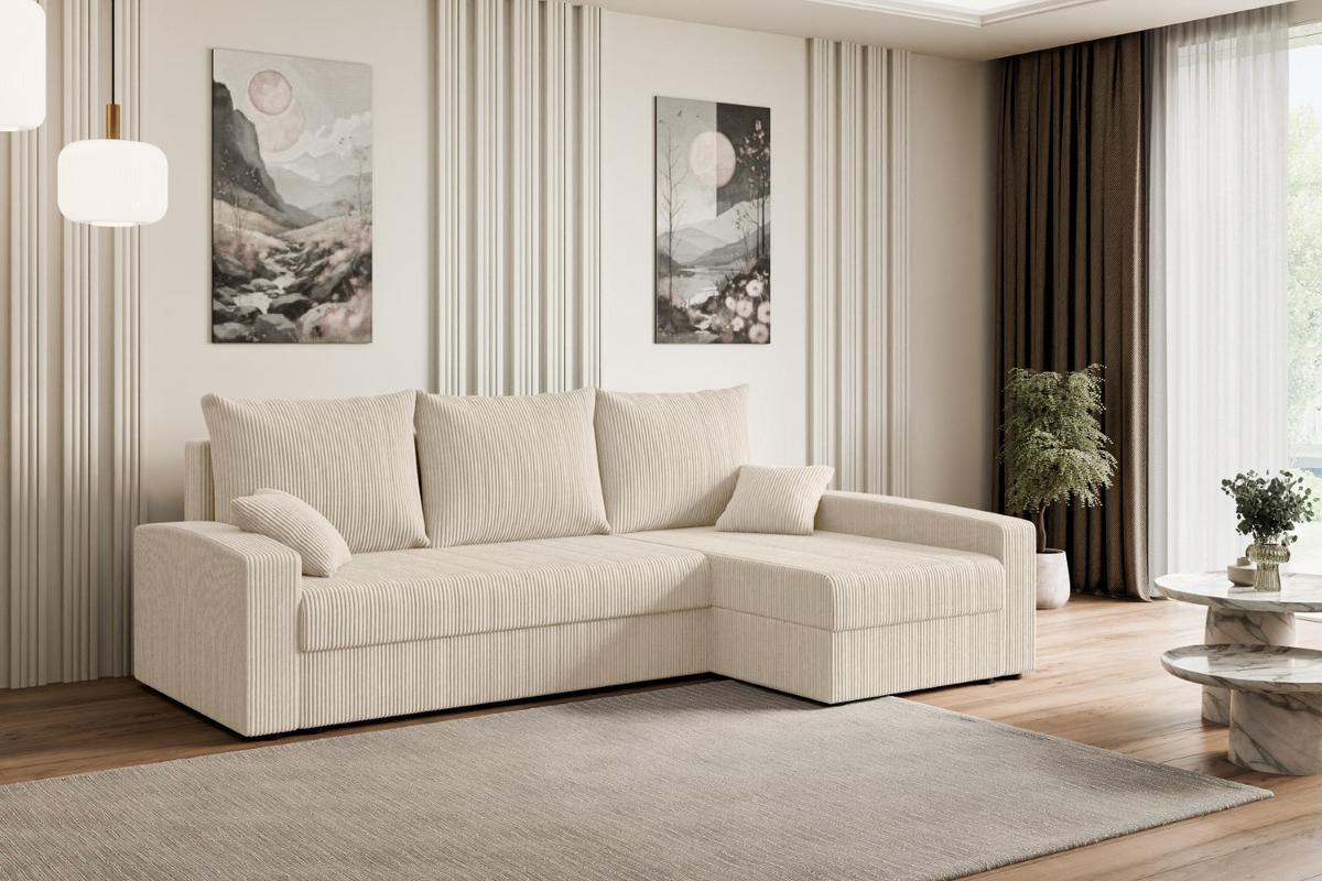 ECKSOFA mit Schlaffunktion und Bettkasten ALESIA-L 231x140x90 cm Beige Cord - Beige/Silberfarben, Holzwerkstoff/Kunststoff (231/140cm) - ALTDECOR