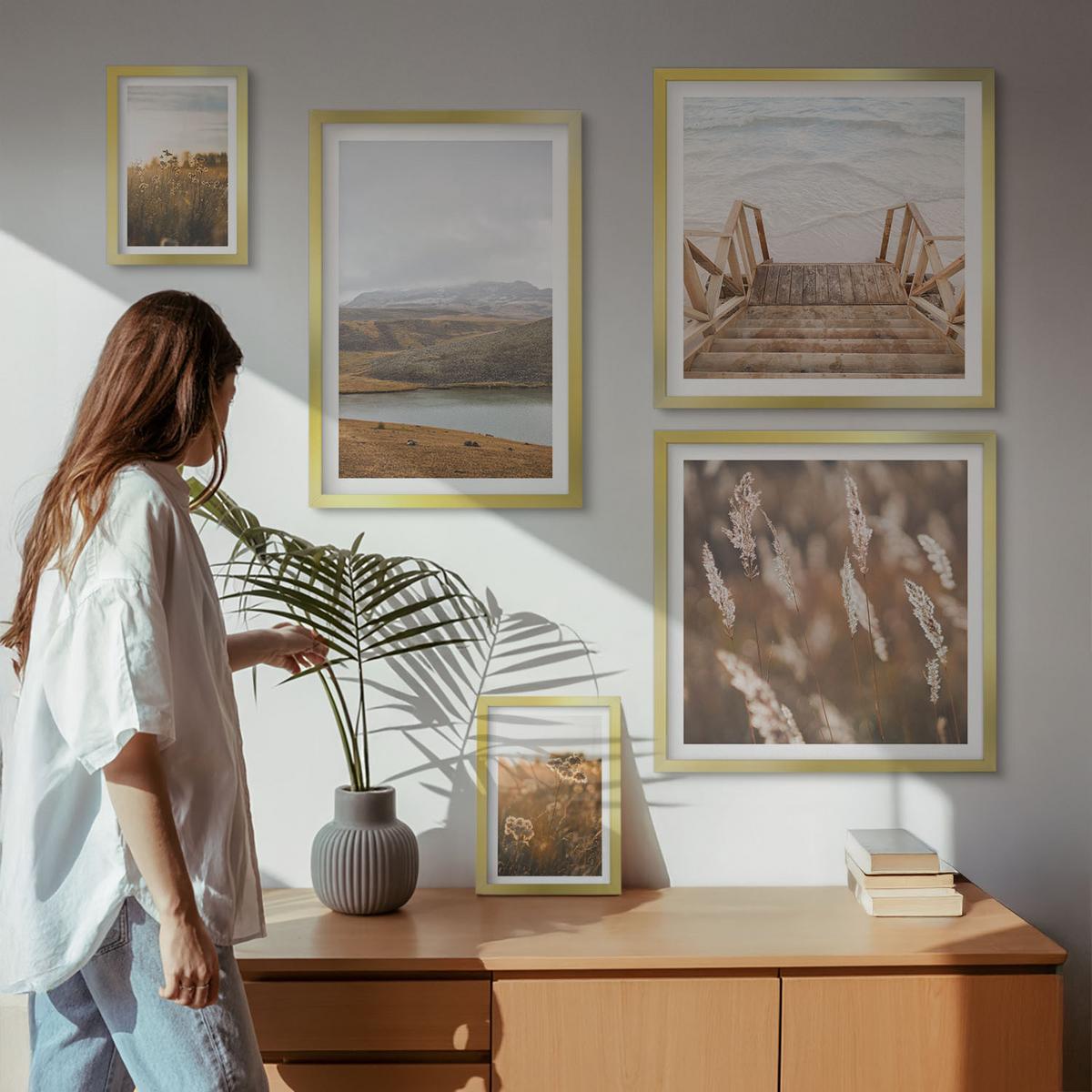 BILDER SET 5er Set - 50x50 cm & 20x30 cm & 40x60 cm Goldrahmen - Landschaften Wiesen Berge See - Goldfarben, Kunststoff (40/60cm) - TULUP