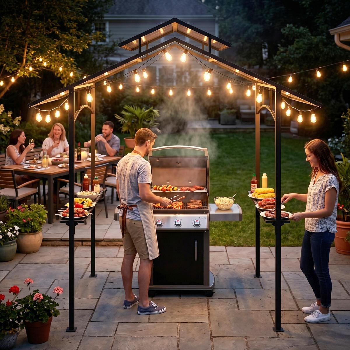GRILLPAVILLON mit Flammschutzdach 2,5 x 1,5m BBQ-Pavillon mit 2 Ablagen Stahl PC - Schwarz, Metall (150/250/240cm) - Outsunny
