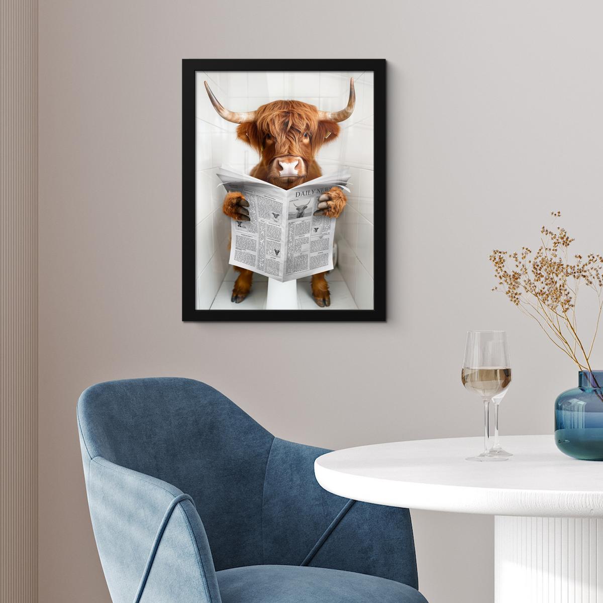 POSTER MIT RAHMEN Schottischer Highlander - Tier - Zeitung - Toilette Bilderrahmen 30x40 cm - Kastanienfarben, Papier (30/40cm) - MuchoWow