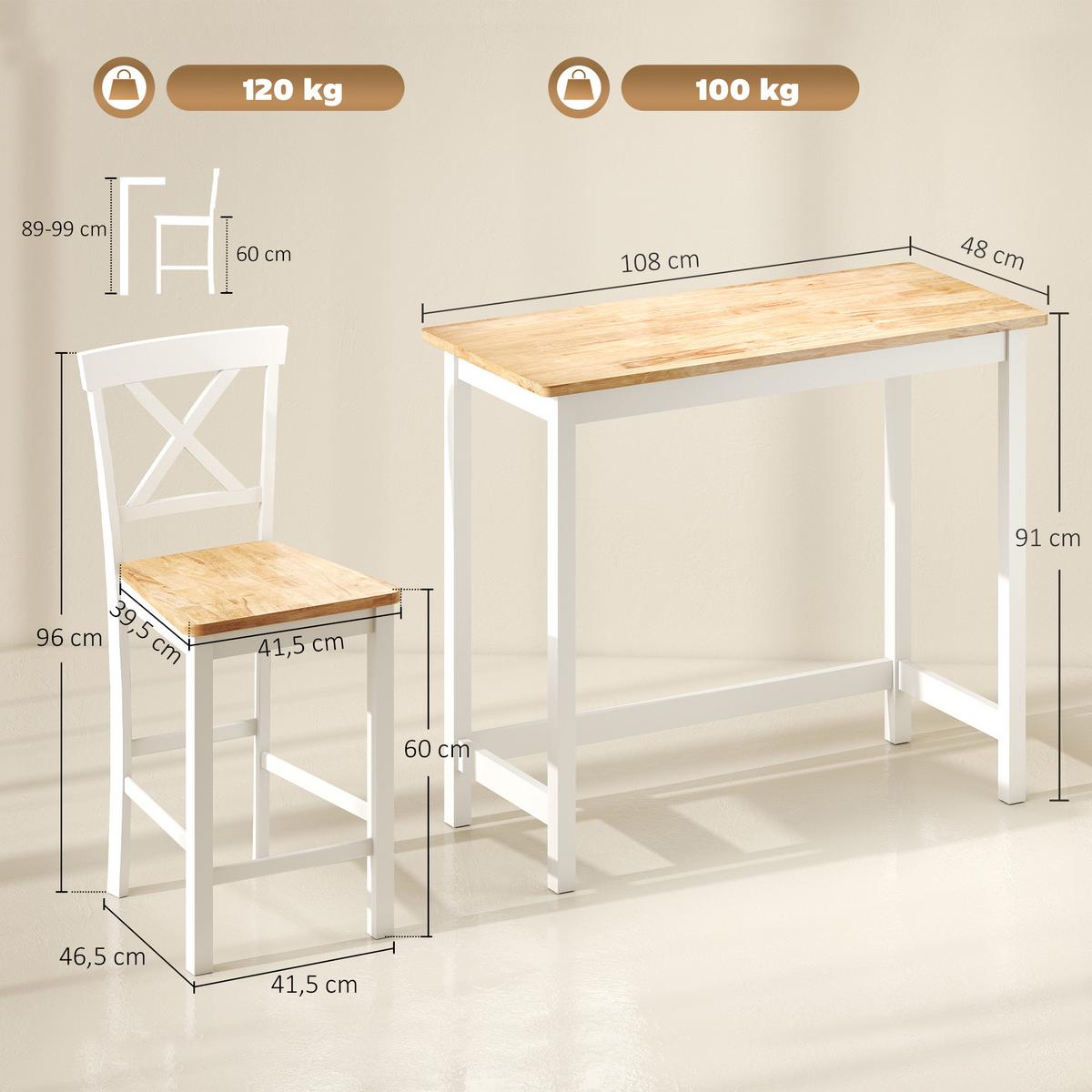 BARTISCH und Barhocker-Set 3tlg. mit Holzoptik - Eichefarben/Weiß, Holz (108/48/91cm) - HOMCOM