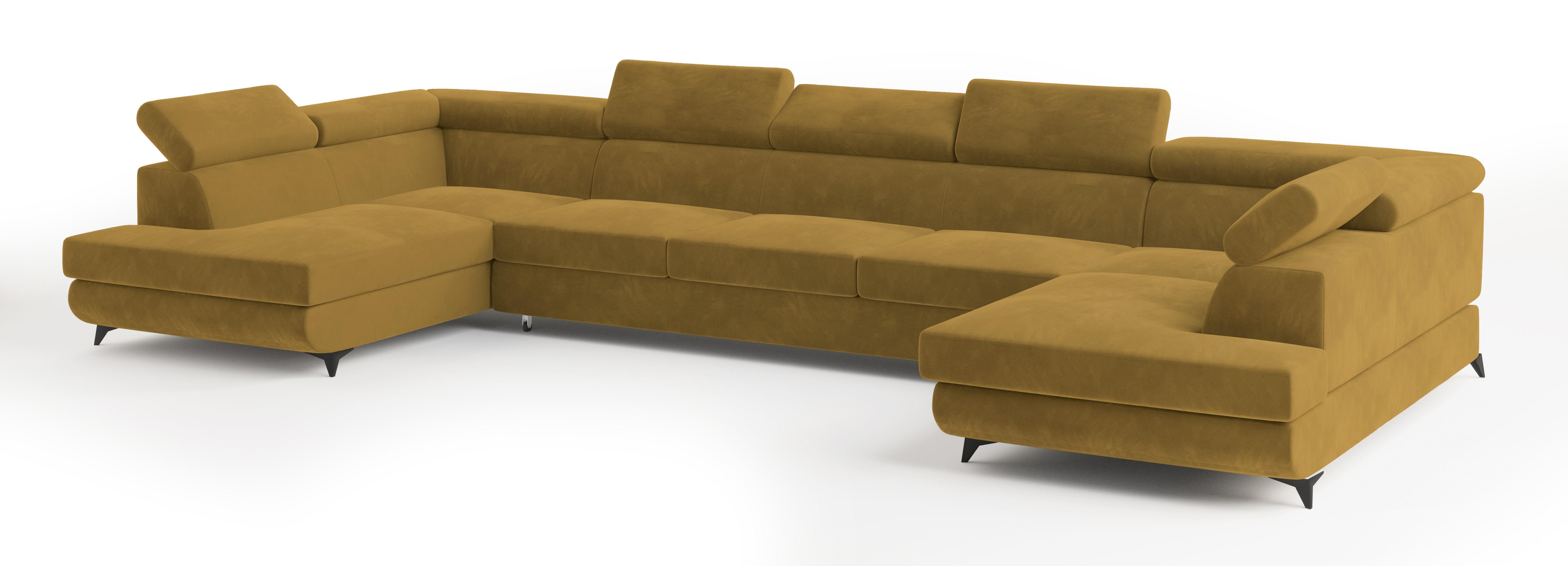 WOHNLANDSCHAFT URMANO Gelb Velours-Stoff mit Schlaffunktion - Gelb, Holz (395/89/190cm) - MASSENO