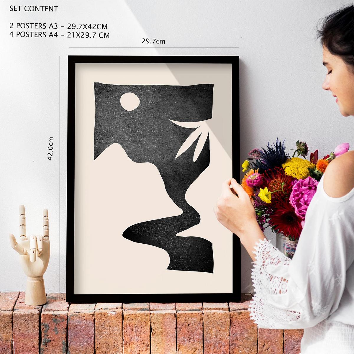 POSTER Set Mit 6 Mitternachtsmond In Kulissen Abstracts Ästhetische Dekorative Gemälde Für Ihr Wohnzimmer Zuhause A3 & A4 Schwarzer Rahmen - Schwarz, Papier (29/3cm) - Nacnic