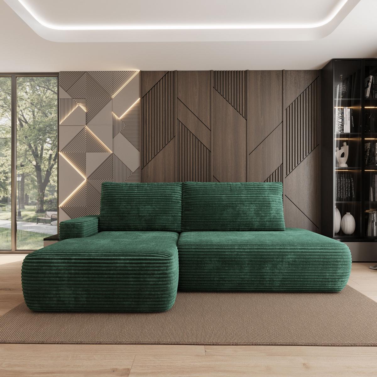 ECKSOFA AVINI T L-S Grün Kordstoff mit Schlaffunktion - Grün, Holzwerkstoff/Textil (277/160cm) - MASSENO