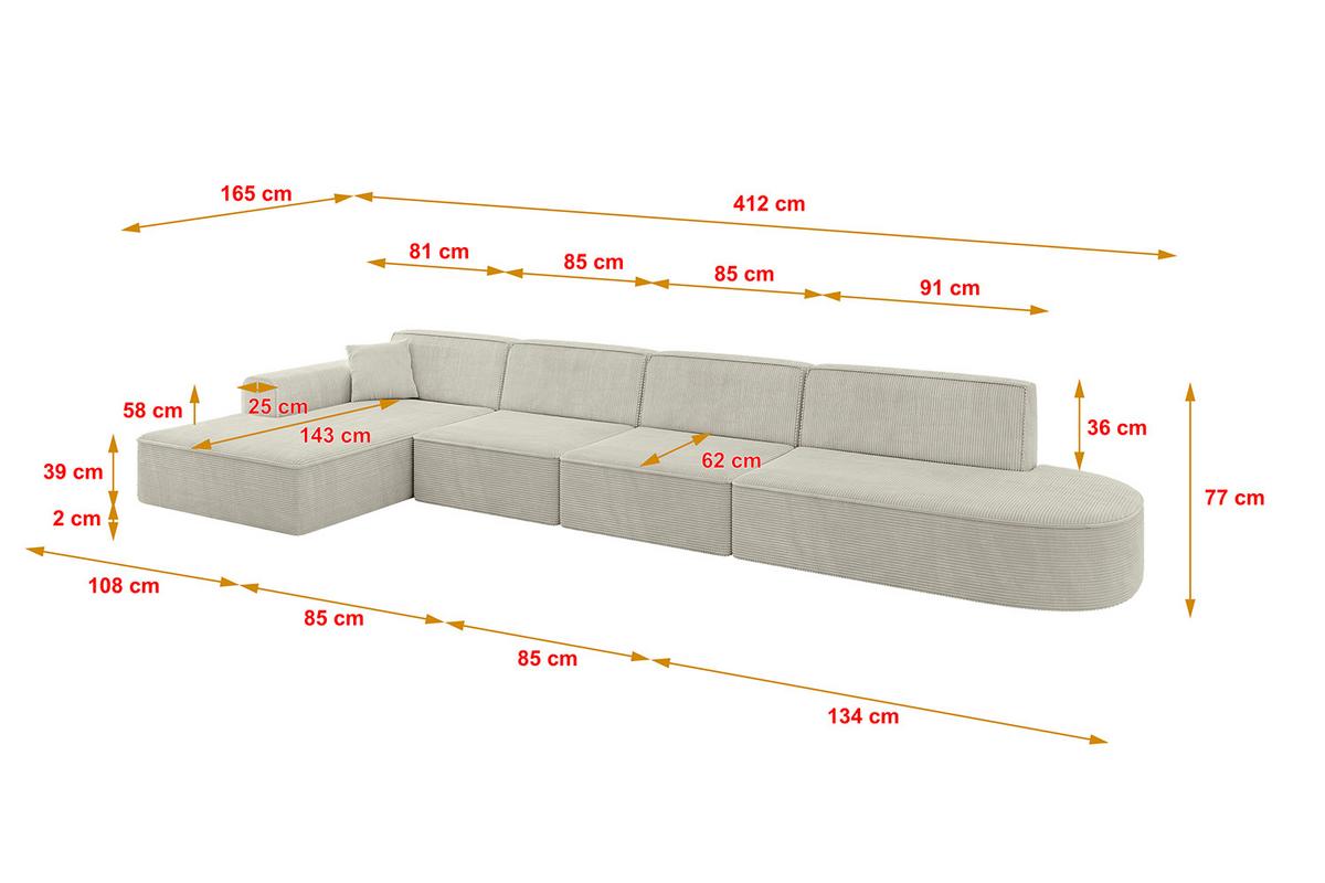 ECKSOFA Ottomane Links IREA-L3-v3 - 412x165x77 cm Creme - Ecru/Creme, Holzwerkstoff/Textil (412/165cm) - ALTDECOR
